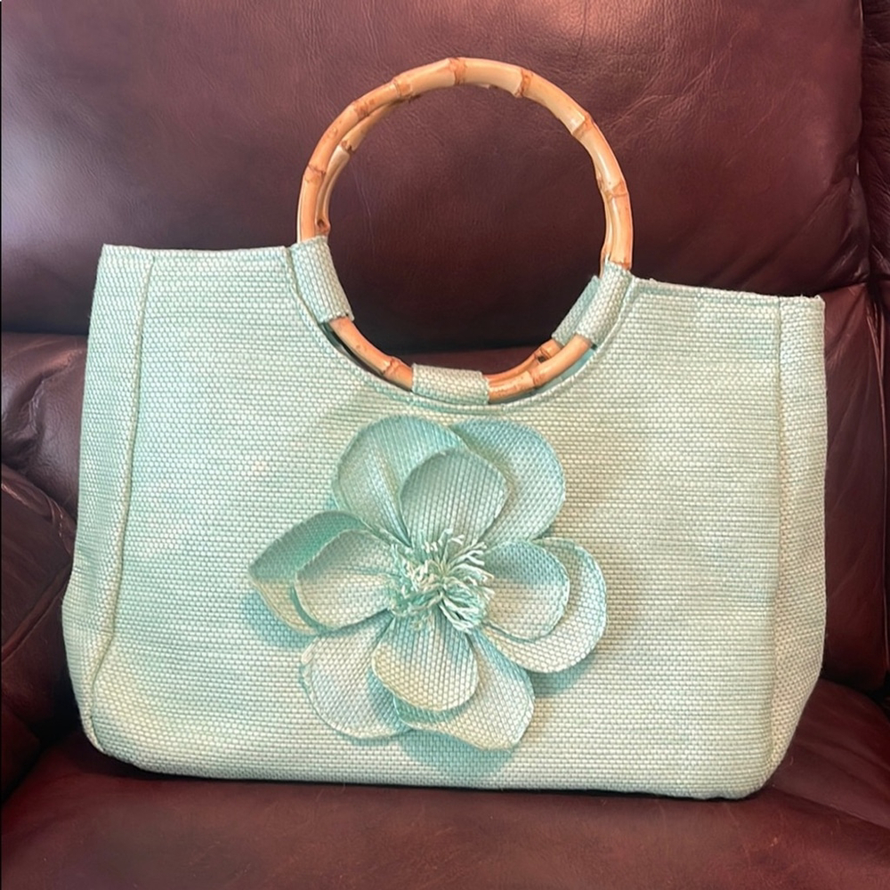Neiman Marcus Green Tote with Bamboo Handles and Floral Detail